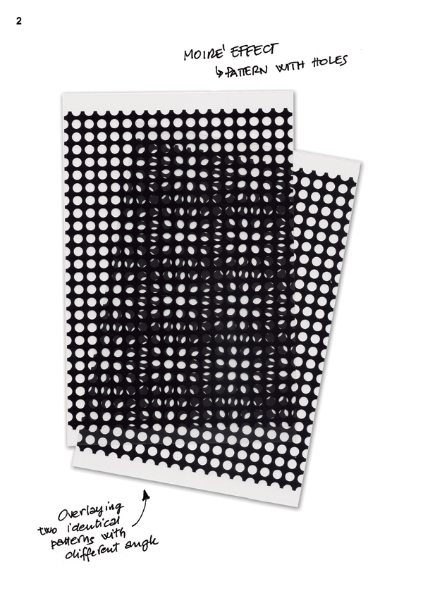 1 Photo showing two transparencies of a pattern with holes overlaid to create a Moiré effect, with the resulting pattern screen printed onto decal paper, then transferred to the plate shown in image 2.