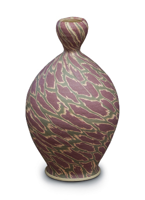 Chrome inlay bottle, 11 in. (28 cm) in height, porcelain, chrome oxide, tin oxide, and zinc oxide, fired to cone 9 (2300°F (1260°C)).
