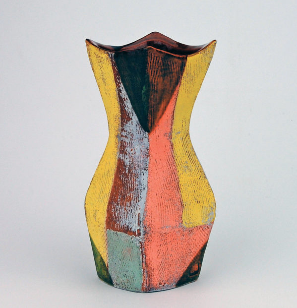 26 Vase, 7 in. (18 cm) in height, terra cotta, terra sigillata, underglaze, sandblasted, glaze, fired to cone 04 in oxidation, 2016.