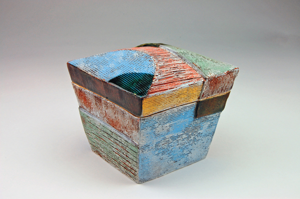 27 Box, 6 in. (15 cm) in height, terra cotta, terra sigillata, underglaze, sandblasted, glaze, fired to cone 04 in oxidation, 2016.