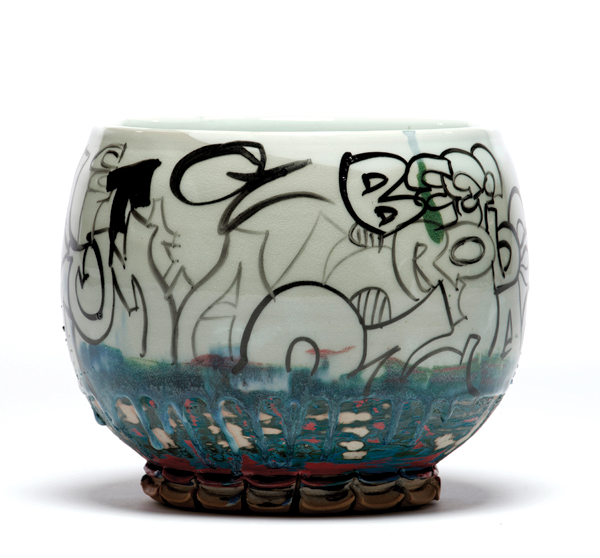 Roberto Lugo’s ‘40 Ounce Beer Cooler, 12 in. (30 cm) in diameter, porcelain, slip, china paint, fired to cone 10, 2017. Photos: KeneK Photography. Courtesy of the Wexler Gallery.