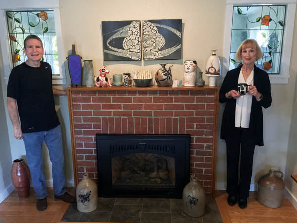 3 Sam and Dianne Scott with part of their collection. Left to right: Patrick Horsley, Tom Coleman, Patti Warashina, Deb Schwartzkopf, Ben Sams, Jamie Walker, Bob Sperry, Matt Allison, Akio Takamori, Damian Grava, Robin Hopper. Wall diptych by Bob Sperry.