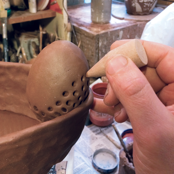11 Using a thick, sharpened dowel, impress dimples into the pod, which also helps compress the seam to the rim.