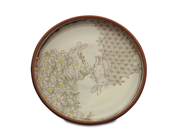 3 Rabbit and Daffodil Plate, 12 in. (30 cm) in diameter, earthenware, slips, glaze, fired to cone 3 in an electric kiln, 2017.
