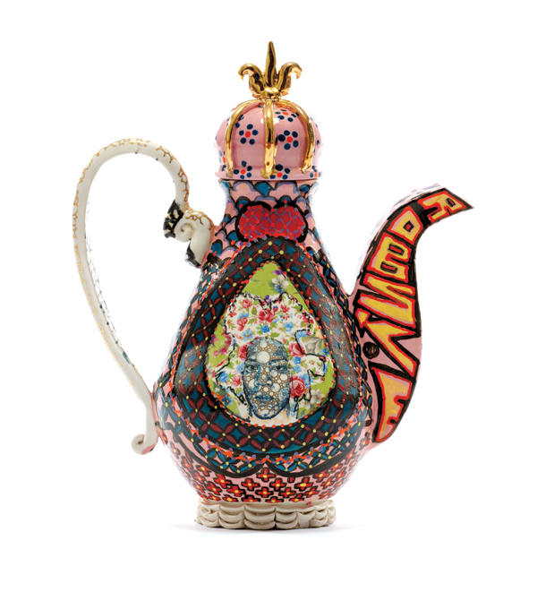 7 Celia Cruz-Basquiat Teapot, 13 in. (33 cm) in height, porcelain, slip, fired to cone 10, china paint, luster, 2017. Photo: KeneK Photography. Courtesy of Wexler Gallery.