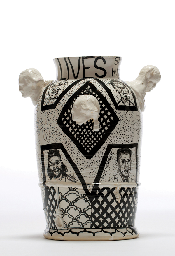 6 A Century of Black Lives Mattering, 21 in. (53 cm) in height, porcelain, slip, fired to cone 10, china paint, luster, 2017.