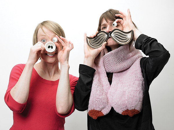 5 Claydies’ portrait, Look (porcelain eyeballs), Snout (small porcelain cup/pigs nose), Smile (necklace in porcelain with golden chain/false teeth), Moustache (small stoneware dish) and Boobs (hand-knitted wool scarf). Photo: Morgan Morell.