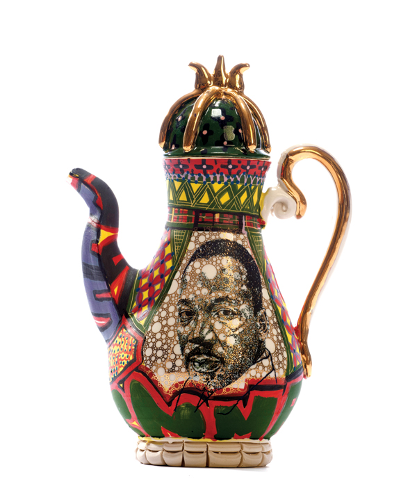 1 MLK and Obama Teapot, 13 in. (33 cm) in height, porcelain, slip, fired to cone 10, china paint, luster, 2017.