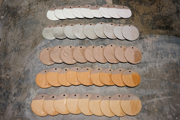 4 A series of 5 unfired terra sigillata line blends brushed onto red earthenware clay test tiles ready to be fired. Note: The tiles don’t need to be stilted in a kiln and can be stacked.