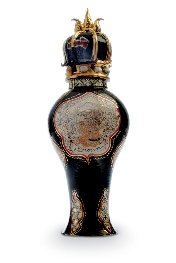 2 We Are All Kings, 24 in. (61 cm) in height, porcelain, slip, fired to cone 10, china paint, luster, 2015.