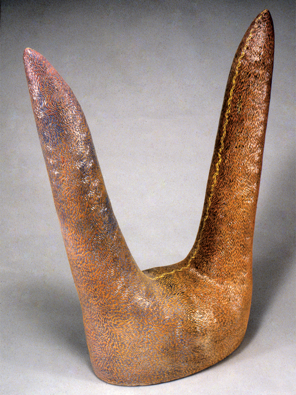 3 Yellow Flow, 4 ft. (1.2 m) in height, coil-built stoneware, painted with 10–15 layers of colored slips, sgraffito, fired in salt kiln to cone 3, 1991. Photos: Kevin Olds. Courtesy of Carl Solway Gallery.