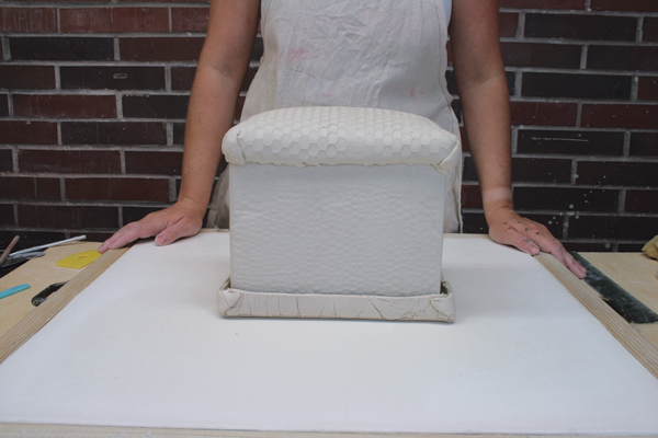 12 Score, slip, and attach the corners of the paper-textured slab.