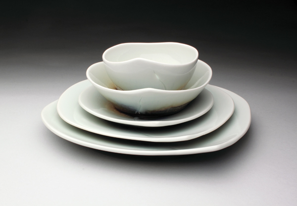 Place setting, 12 in. (30 cm) in diameter, porcelain, fired to cone 10 in reduction, 2016. 