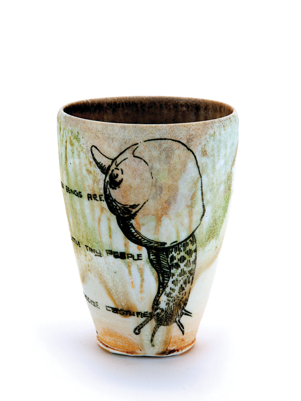 Cup, 4 in. (10 cm) in height, porcelaneous stoneware, K-Shino, wood fired to cone 10, green chrome oxide fusion print, 2016. Photo: Addison Brown.