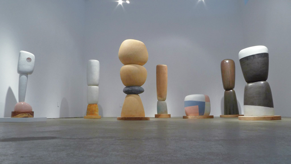 4 Jordi Alfaro’s Alenink, Cloud Maker, Aggregate, Stele, Skookum, Companion, Clenched Tooth, to 4 ft. 5 in. (1.4 m) in height, ceramic, wood base, 2017, installed at David Kaye Gallery. 