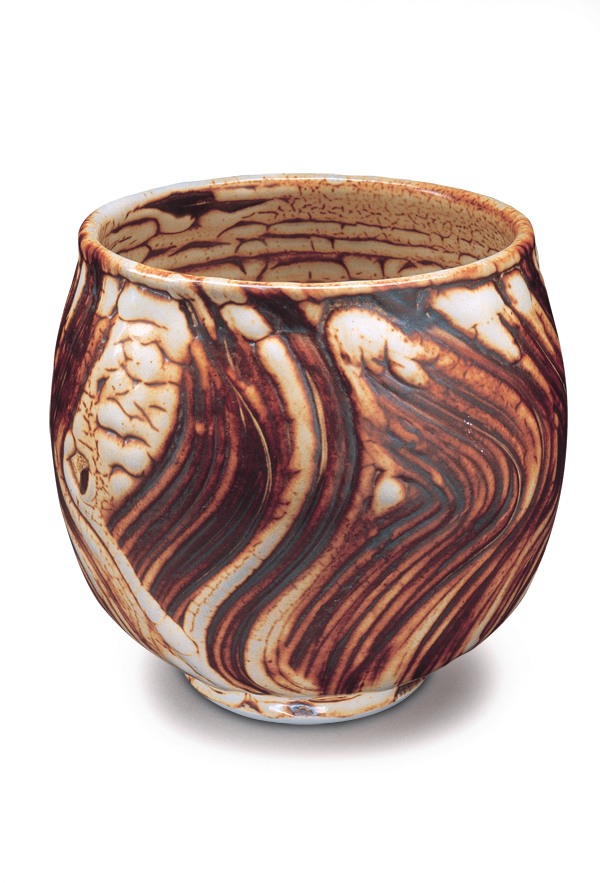 4 David Beumee's teabowl, 4¼ in. (11 cm) in height, wheel-thrown porcelain, brushed with shino glaze over Blackbird slip, 2002.