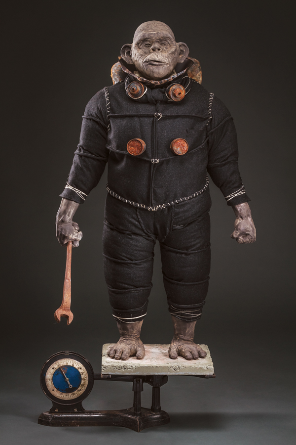 1 Richard James’ Albert VI, 4 ft. 6 in. (1.4 m) in height, earthenware, found objects, wool, wood, concrete, objects from Gatlinburg fire, 2017.