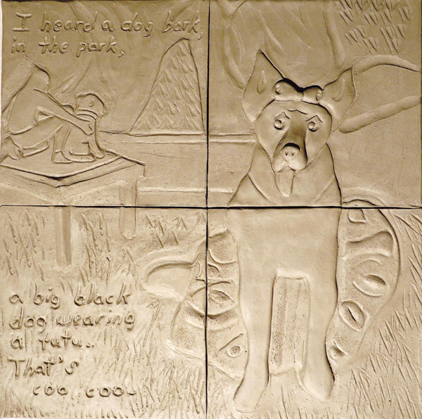 4 Unfinished ceramic tiles (to 12 in. (30 cm) in height) by Gaitanis-Katsaras for Halloween Harvest Festival, 2015.
