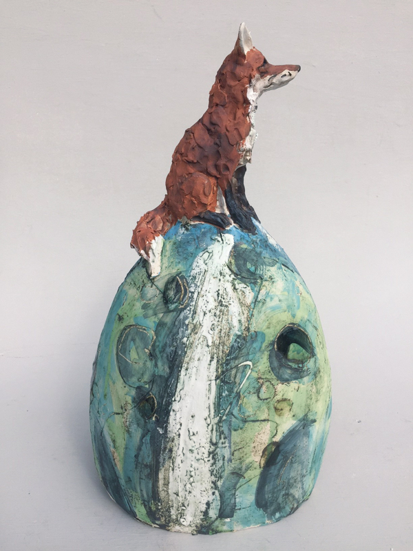 2 Christine Cummings’ Fox on Hill, handbuilt earthenware, slips, underglazes, oxides.