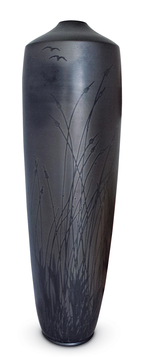 Tall vase, low-fire red clay, terra sigillata, refractory engobe resist painting, fired to 1652°F (900°C) in reduction, 2017.