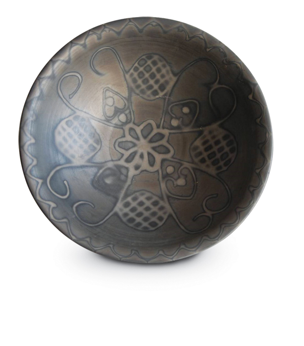 Bowl, low-fire red clay, terra sigillata, refractory engobe resist painting, fired to 1652°F (900°C) in reduction, 2017.