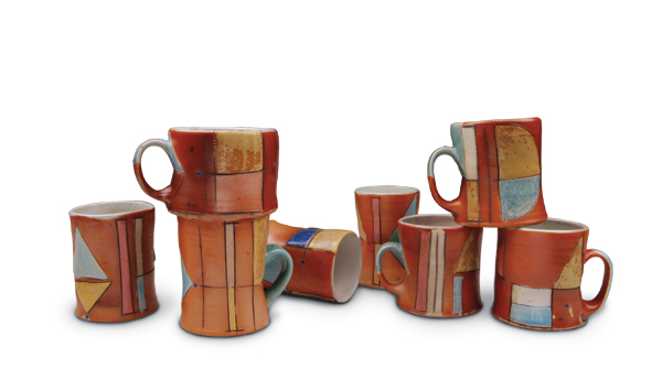 5 Jim Koudelka’s Carnival Mugs, to 4 in. (10 cm) in height, salt-fired porcelain, 2017.