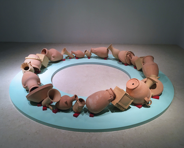 1 Shlomit Bauman and Abed Al Ja’abari’s Local, 9 ft. 9 in. (3 m) in diameter, wheel-thrown and slip-cast earthenware, oxidation fired, 2016. Photo: Anthony E. Stellaccio.