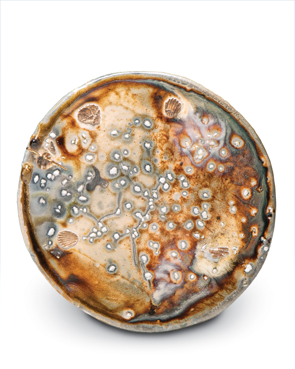 2 Dick Lehman’s woodfired plate, 10 in. (25 cm) in diameter, all natural ash glaze, gold kintsugi repair, fired upside-down for 7 days.