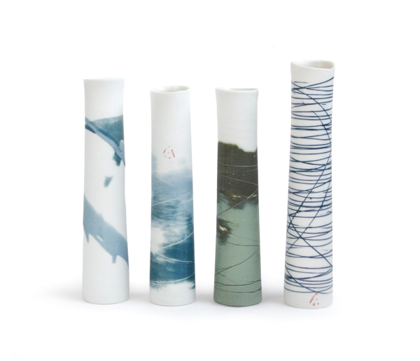 1 Ali Tomlin’s single-stem vases, to 6 in. (15 cm) in height, thrown porcelain, slips, stains, oxides, fired to 2354°F (1290°C) in an electric kiln. 