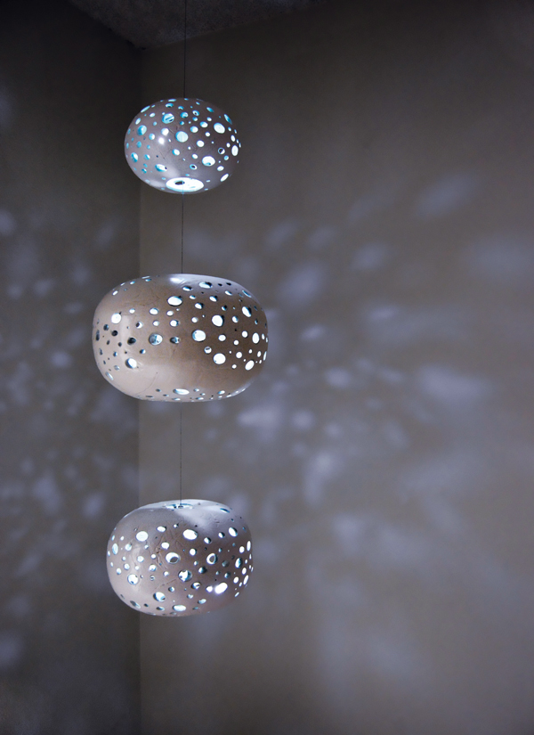 Coral Reef Hanging Sculpture, 4 ft. (1.2 m) in height, earthenware, low-fire glazes, fired to cone 06, LED lights, aircraft cable, 2016.