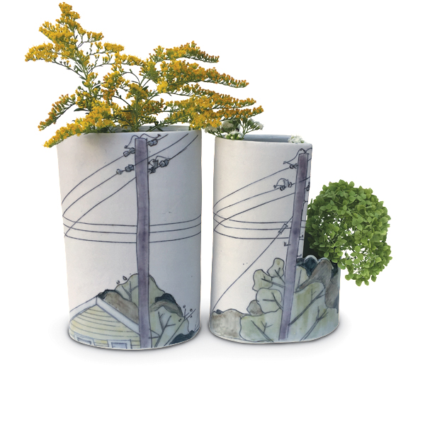 Power Lines Vases, to 10 in. (25 cm) in width, porcelain, fired to cone 10 in reduction, 2017.