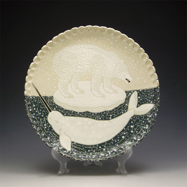 3 Dazzling Beasts Adrift in the Arctic, porcelain, drawn, carved, and underglaze surface decoration, fired to cone 6.