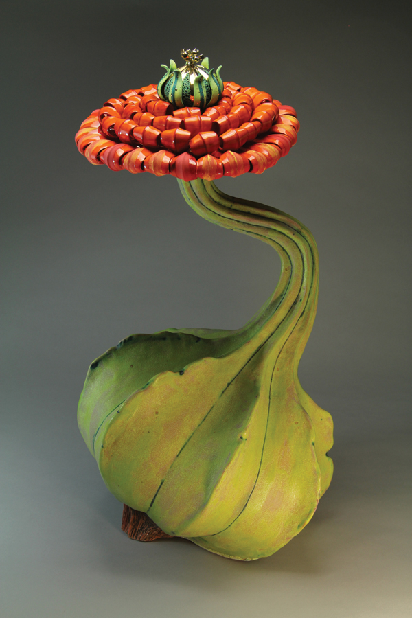 Aurlia gouthroii Flammeus, 25 in. (64 cm) in height, handbuilt and segmented terra-cotta clay, slip, stain, underglaze, glaze, luster, 2015. All photos: Stan Hain.