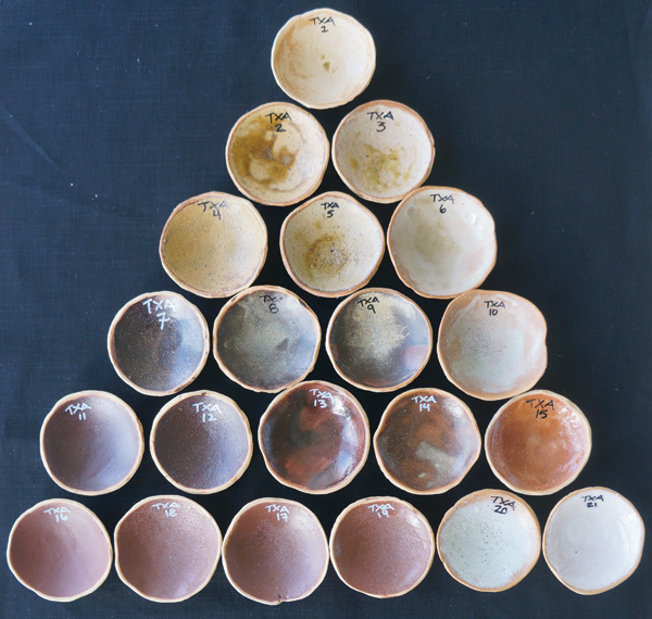 3 Fired results of a triaxial blend: A= wood ash, B=red clay, C=nepheline syenite.