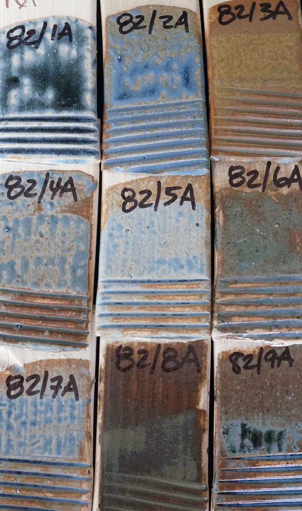 8 The same set of glazes as in figure 7, tested on upright test tiles to observe ash glazes’ rivulets and movement.