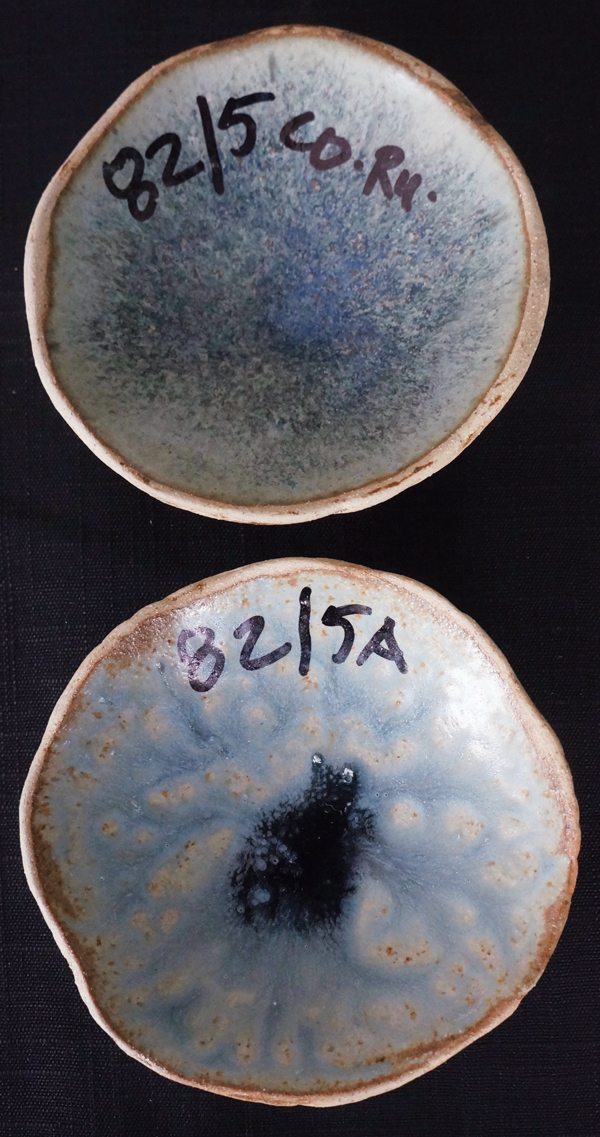 11 Top: Amber 1 Celadon glaze with 1% cobalt oxide and 3% rutile added. Bottom: same glaze with 50% wood ash added.