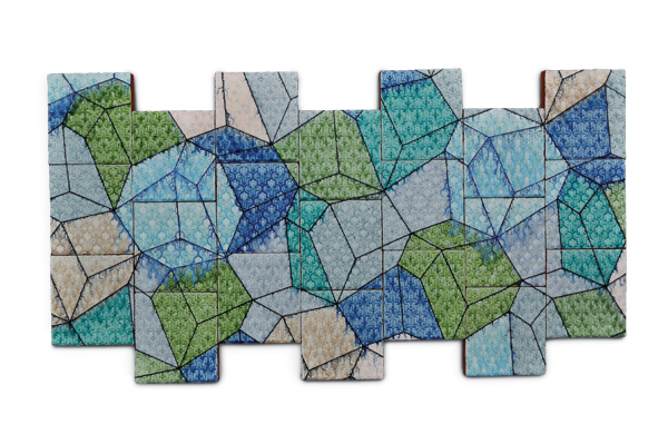 5 Shift, 6 ft. 7 in. (2 m) in length, fired at a 35° angle to cone 04, down fired 150°F per hour to cone 06. 3–5 Terra-cotta tiles, slip, glaze.