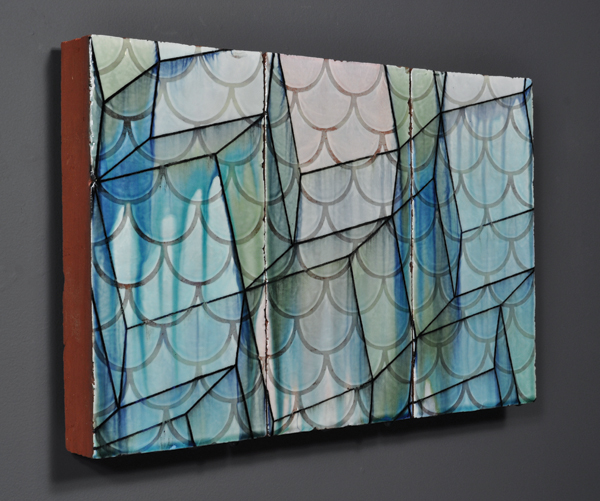 Recovered Geometry No. 11, 22 in. (56 cm) in length, terra-cotta tiles, slip, glaze, fired vertically to cone 04, down fired 150°F per hour to cone 06.