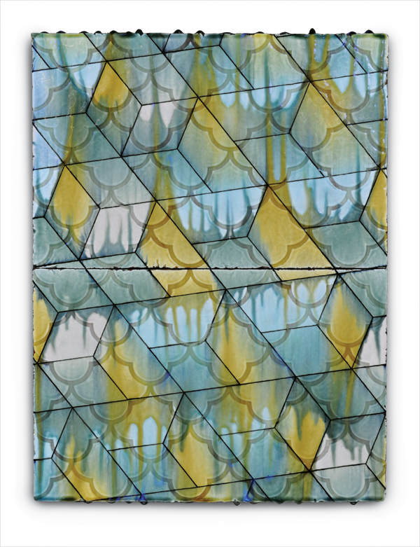 2 Recovered Geometry No. 13, 24½ in. (62 cm) in height, terra-cotta tiles, slip, glaze, fired vertically to cone 04, down fired 150°F per hour to cone 06.