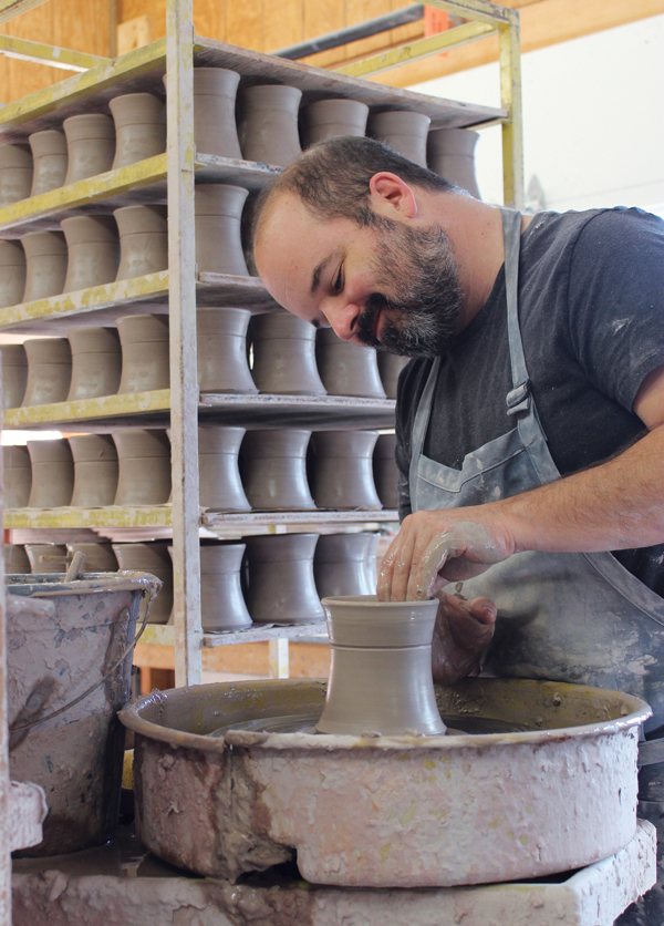 4 Zehmer working on mugs at Kings Pottery, Seagrove.
