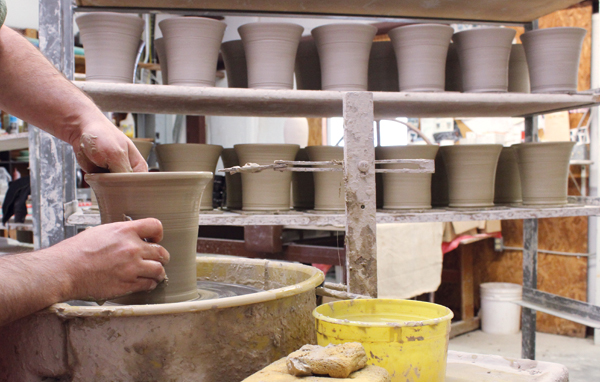 3 Zehmer throwing beer-bread bakers at Great White Oak Gallery, Seagrove, North Carolina.