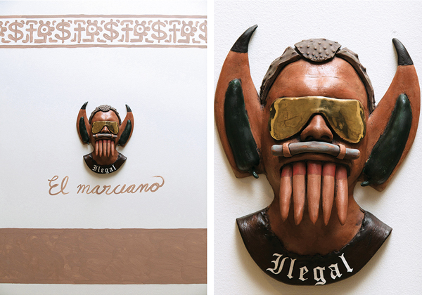 1 Salvador Jiménez’ The Alien, 12 in. (30 cm) in length, low-fire terra cotta, underglazes, gold luster, oil, wax.