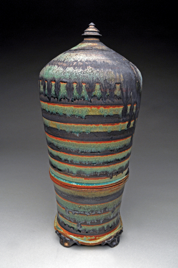 4 Bin, 17 in. (43 cm) in height, wood-fired stoneware, 2017. Fired in Dan Anderson’s Mounds Anagama.
