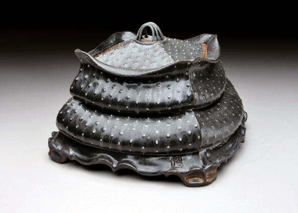 7 Coffer, 11 in. (28 cm) in height, wood-fired stoneware, 2017. Fired in the College of Lake County train kiln.