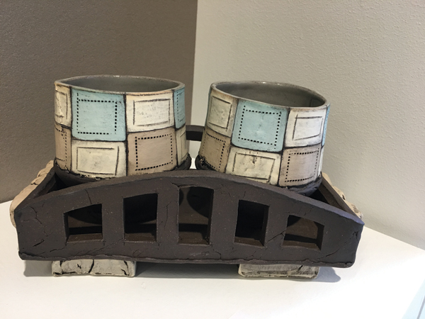 1 Mark Arnold’s Bridge Tray, brown stoneware, colored terra sigillata, underglaze, glaze, fired to cone 5, 2018.