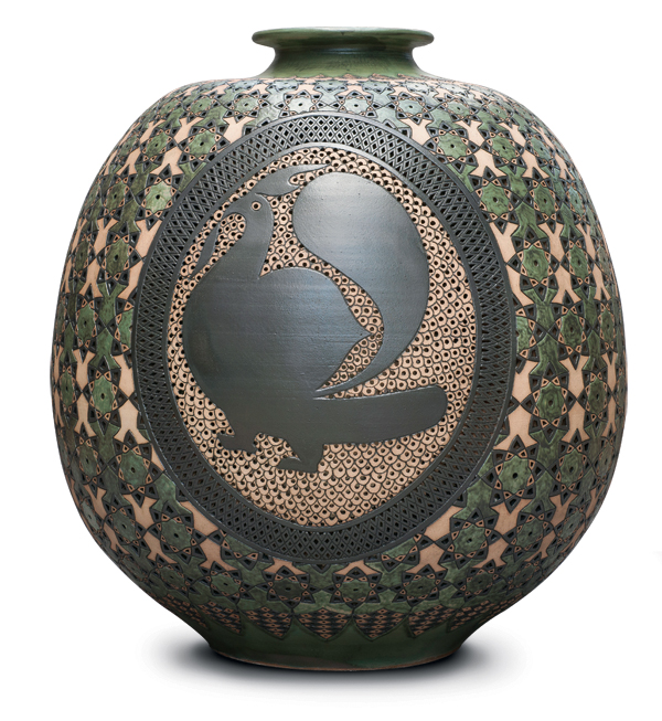 Shababik-Birds, 3 ft. 6 in. (1 m) in height, wheel-thrown and hand-carved stoneware, fired to cone 8 in a gas kiln. Photo: Daniel Smith.