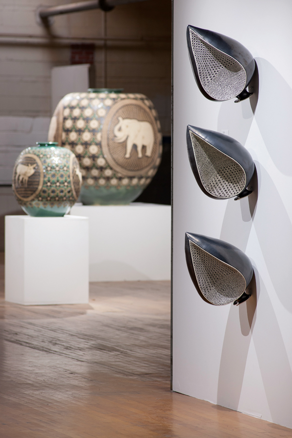 1 “Shababik Exhibition” at STARworks Center for Creative Enterprise, installation view: Elegy 2 in foreground, Shababik-Elephant and Shababik-Deer in background. Photo: Daniel Smith.