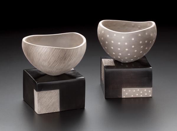 5 Standing Together, 7 in. (18 cm) in height, pinched and slab-built earthenware, terra sigillata, underglaze, smoke fired to cone 09, 2017. Photos: John Polak.