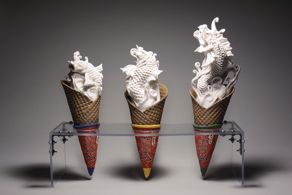 2 Small, Medium, Large, 18 in. (46 cm) in length, stoneware, porcelain, underglaze, glaze, fired to cone 6, 2017.