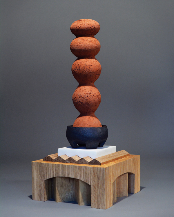 1 Bowl and Pile, 34 in. (86 cm) in height, wheel-thrown and assembled stoneware and terra cotta, glaze, gypsum, wood, fired to cone 10 and cone 3, 2017.